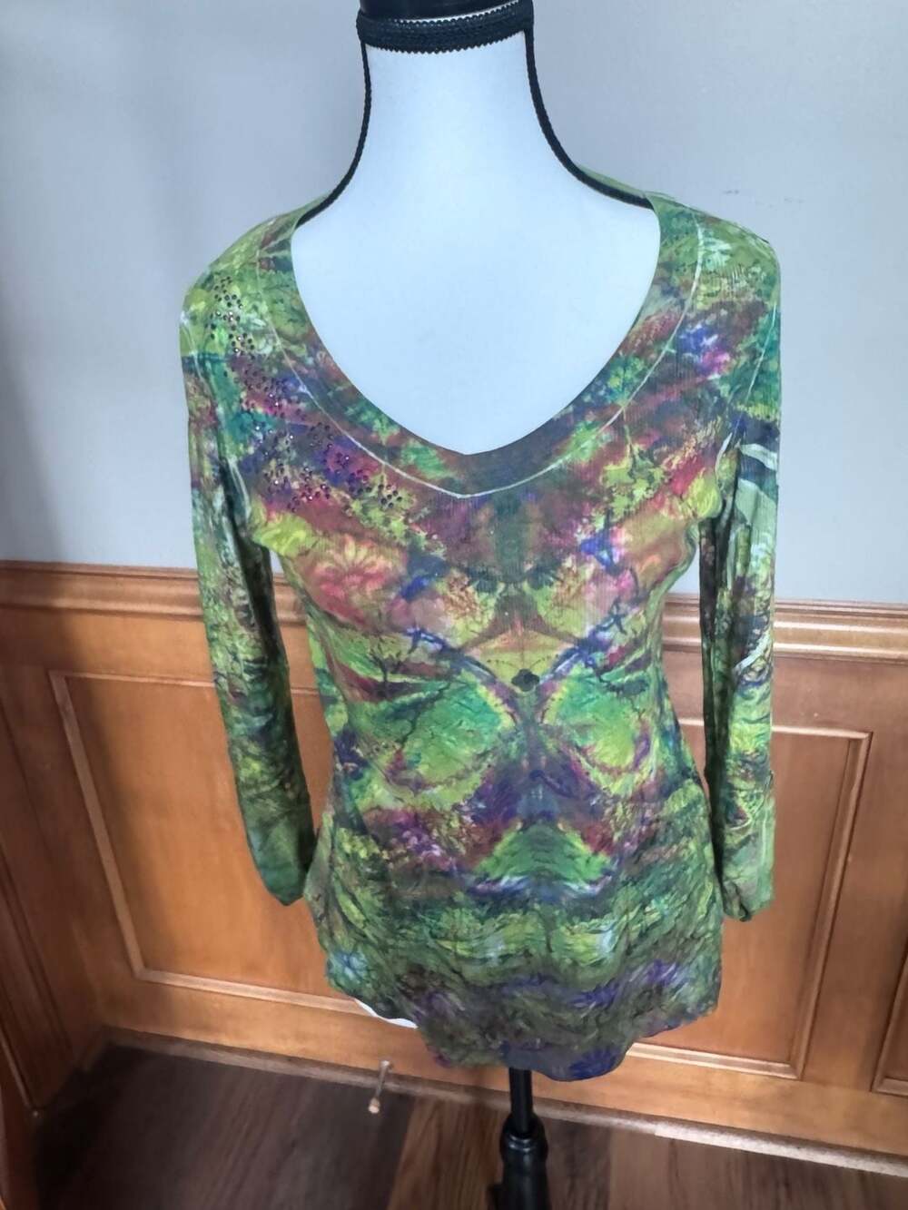 One World Long Sleeve Shirt Size S Green Tie Dye Beaded Top